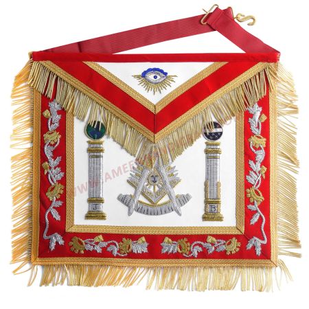 Past Master Blue Lodge Apron Red & Gold Hand Embroidery Bullion